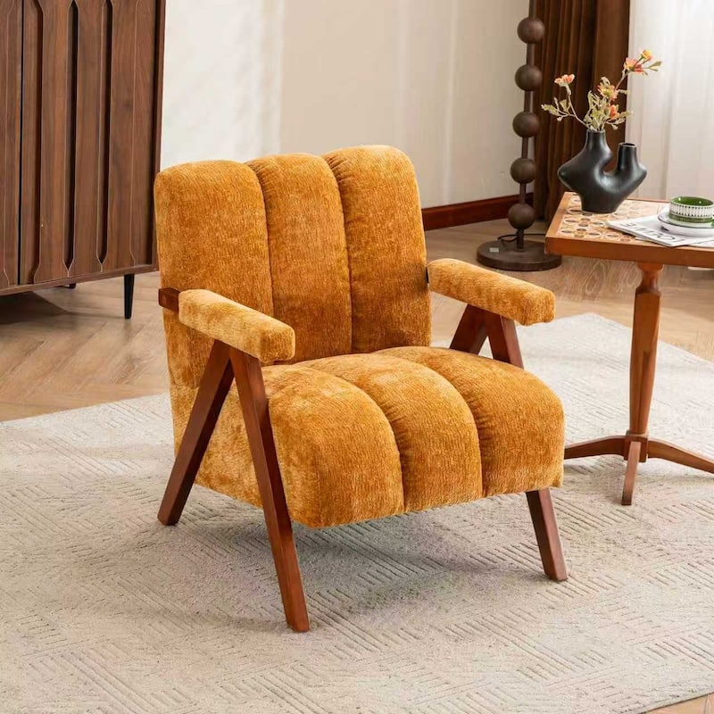 Mid Century Modern Accent Chair, Chenille Armchair with Solid Wood Legs, Channel Tufted Comfy Reading Chair for Living Room