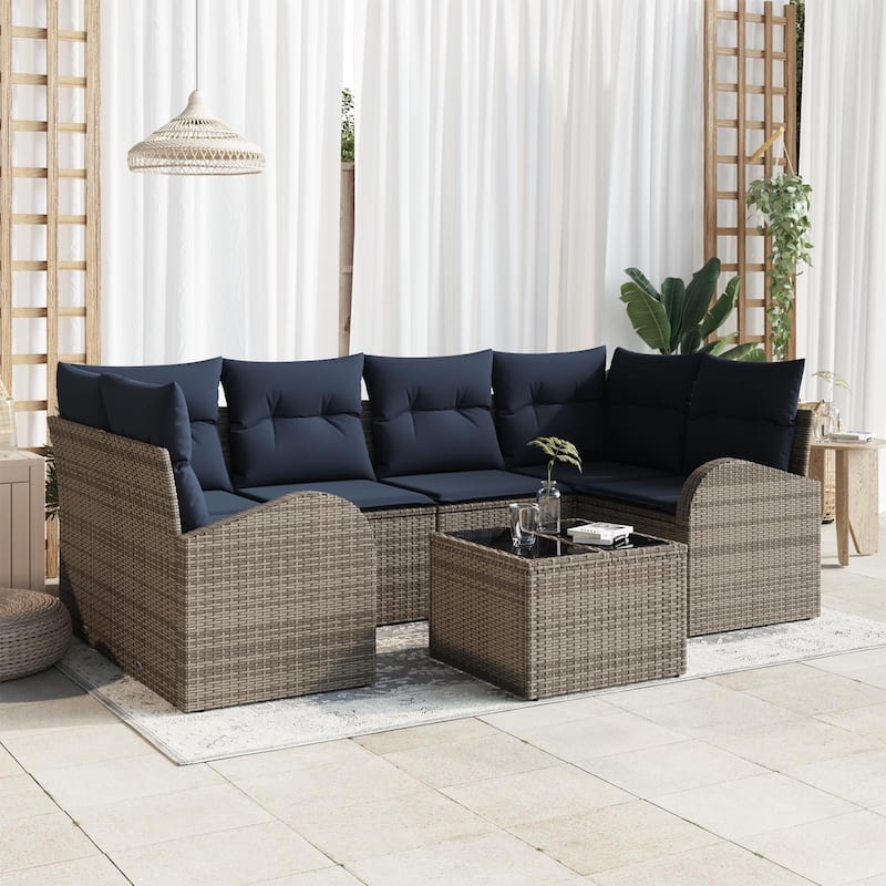 vidaXL 7 Garden Sofa Set with Cushions Black/Brown/Grey Poly Rattan - 92.1 x 48.8 x 27.2 - Grey