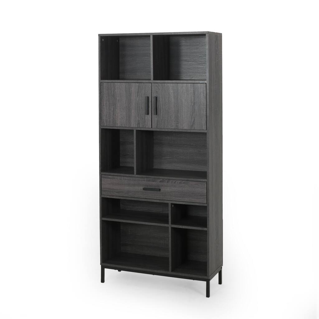 Eby Cube Bookcase, 6 Storage Spaces, Drawer, Cabinet 67 Inch Dark Gray