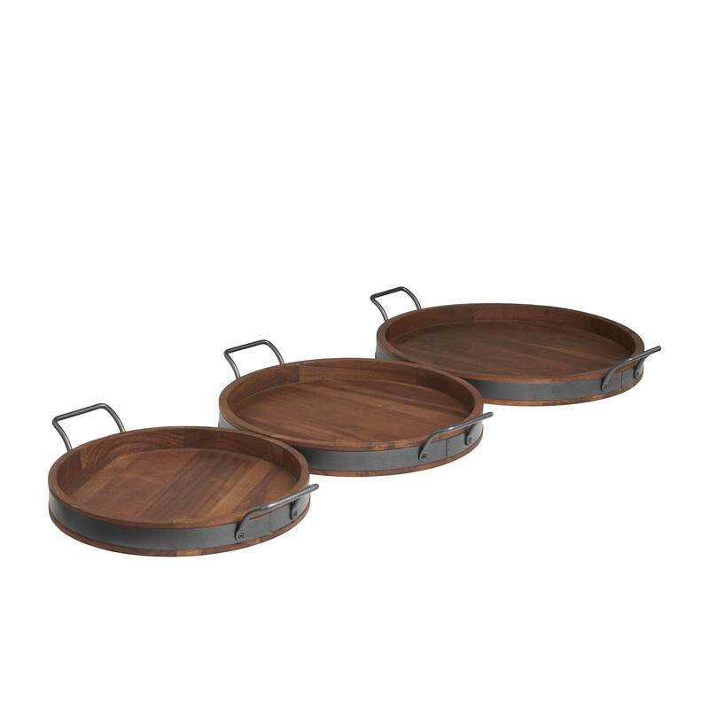 Mango Wood Nesting Living Room Decor Tray with Black Metal Handles - Set of 3 Cream or Brown - Roche River Decor - Brown