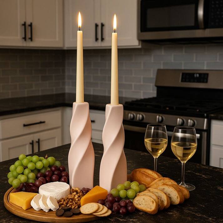 Vanilla Tall Curvy Santa Fe Style Ceramic Candlesticks Set of Two