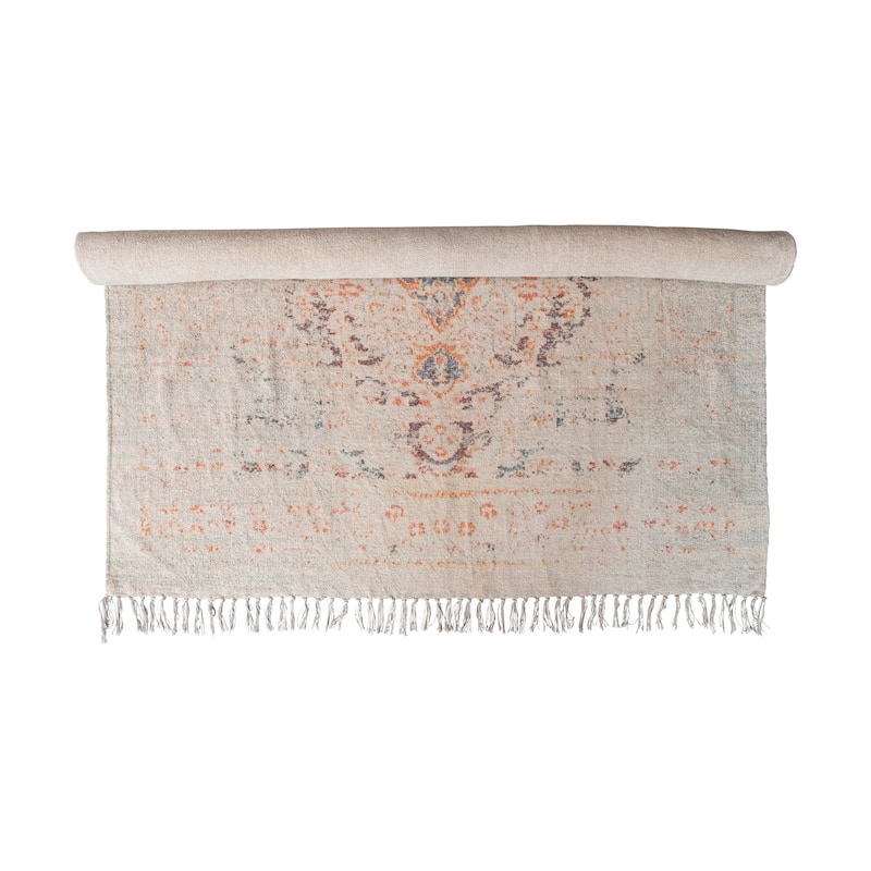 Cotton Chenille Distressed Print Rug with Fringe