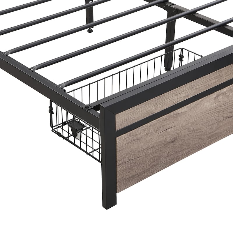 Black+Grey Full Size Metal Platform Bed with Drawers and Storage Headboard