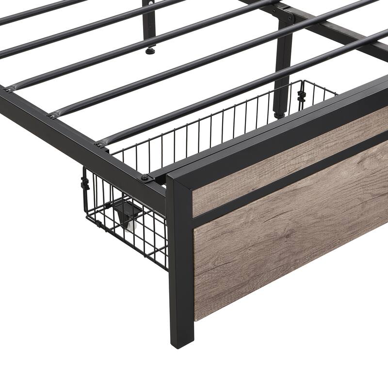 Full Size Upholstered Metal Bed Frame with USB Ports, Storage Headboard, Footboard Drawers & 13" Underbed Space