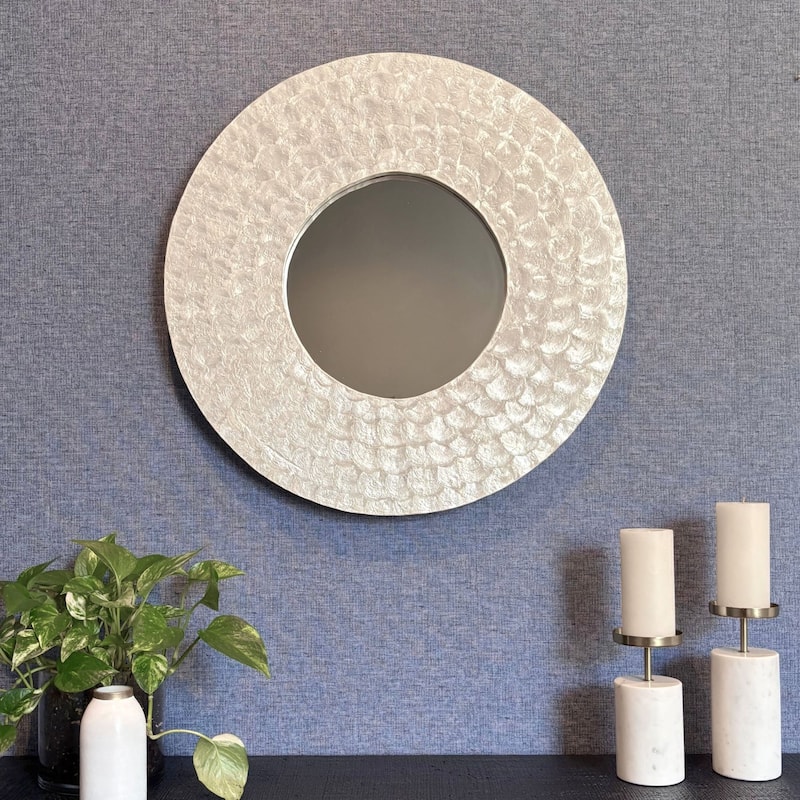 Jemma White Capiz Mosaic Round Wall Mirror by East at Main