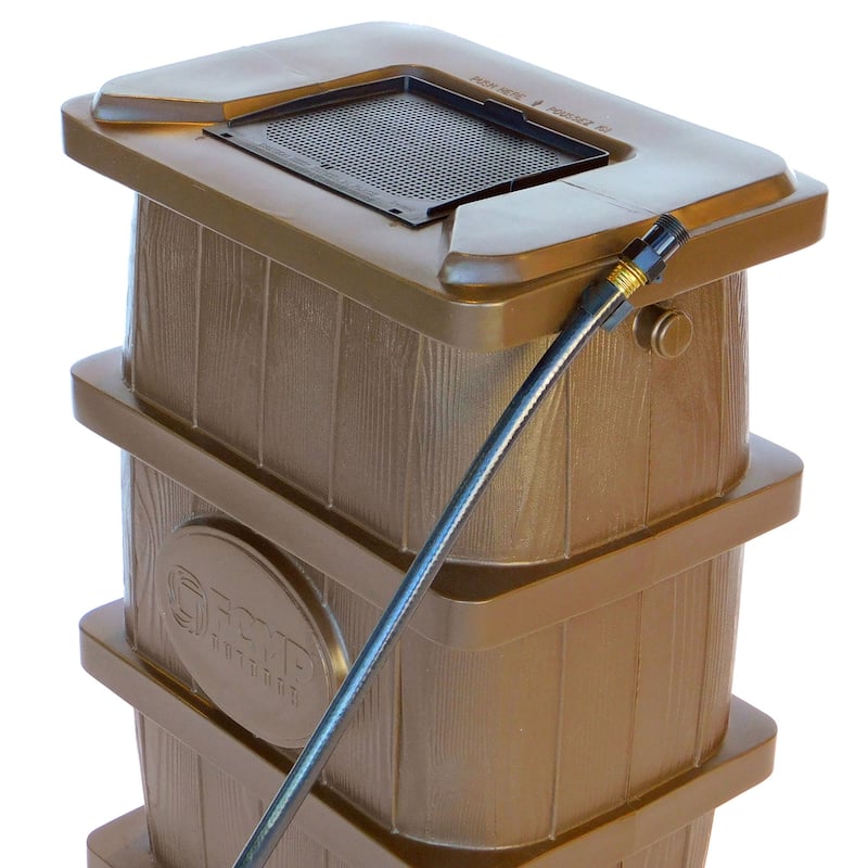 FCMP Outdoor WG4000 45 Gal Wood Grain Rain Water Catcher Barrel Container, Brown - 17 x 22 x 32 inches