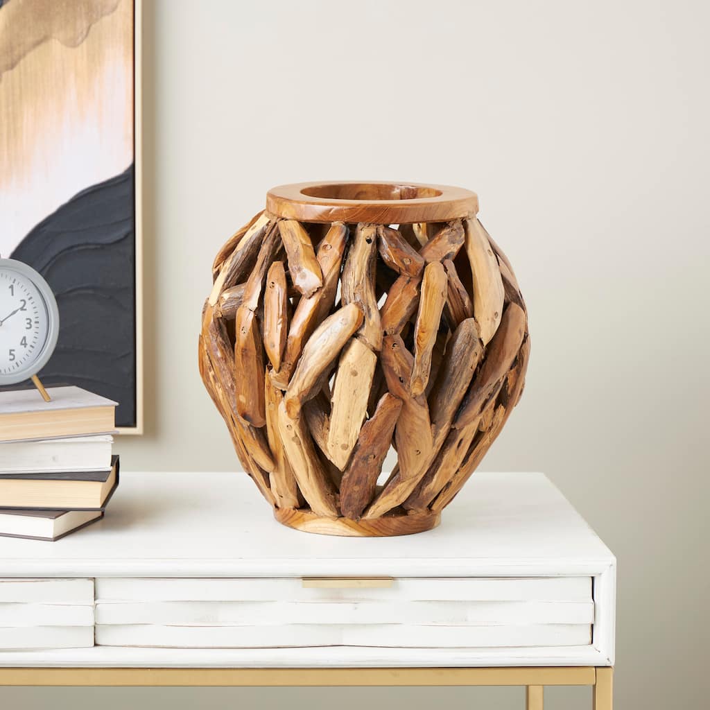 Brown Teak Wood Handmade Live Edge Tree Branch Pot Vase