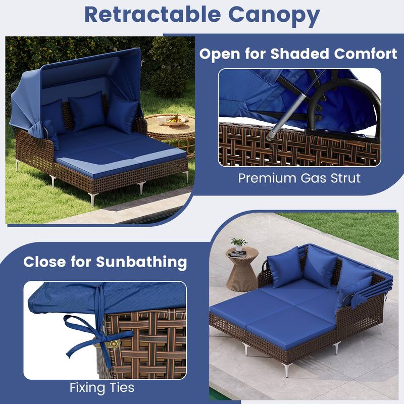Gymax Outdoor Daybed w/ Retractable Canopy PE Wicker Rattan Patio