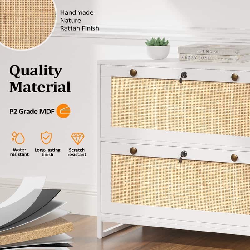 File Cabinet Lateral 2-Drawer Wood Rattan with Lock for Home Office