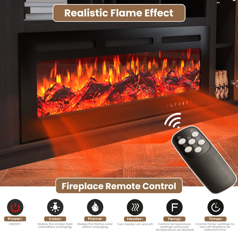 70" Traditional TV Stand with 50" Electric Fireplace, Light Strips, Sockets, Open Shelves, and Cabinets for TVs up to 80