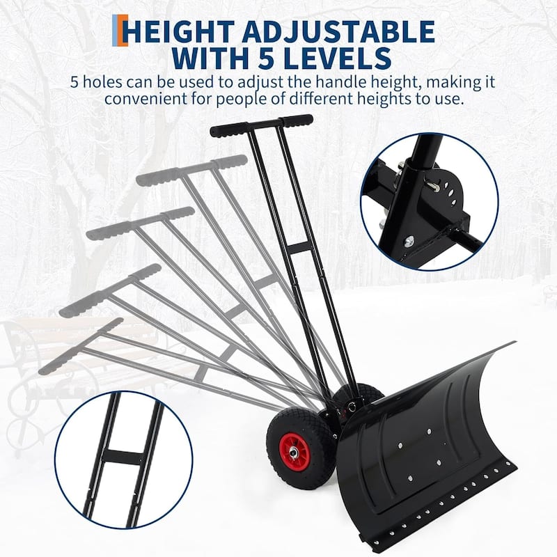 29.13* 16.54 in Heavy Duty Snow Shovel Pusher with Wheels for Driveways, Sidewalks & Courtyards