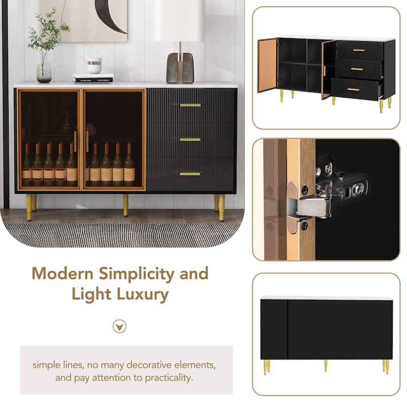 Contemporary Sideboard Buffet with Marble Sticker Top, Amber Glass Doors & Gold Legs for Dining Room