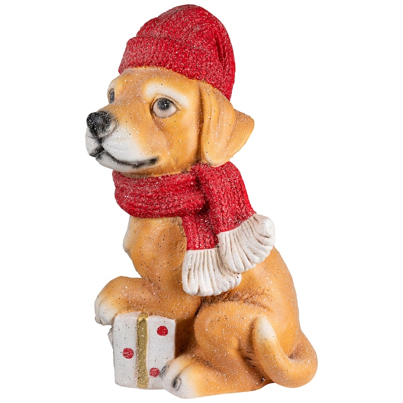 Glittery Dog with Gift Wearing Scarf and Hat Christmas Decoration - 15"