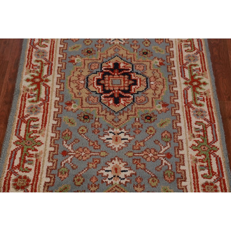 Hand Knotted Oriental 100% Wool Carpet Traditional Geometric Navy Blue & Blues Heriz (serapi) Runner Rug - 8' 2'' X 2' 6''