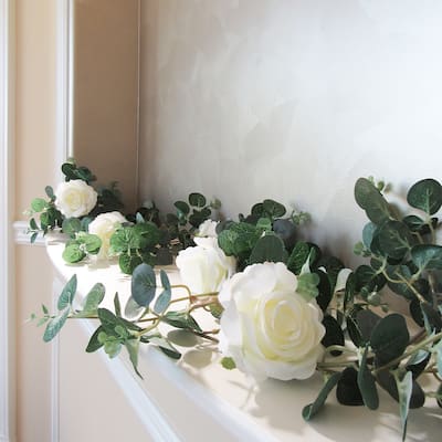 6ft Cream White Artificial Rose & Eucalyptus Flower Vine Hanging Plant Greenery Foliage Garland - 72" L x 8" W x 5" DP
