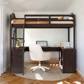 Wooden Full Size Loft Bed with U-shaped Desk,Solid Wood Bed with Tri-fold Mirror and Shelves