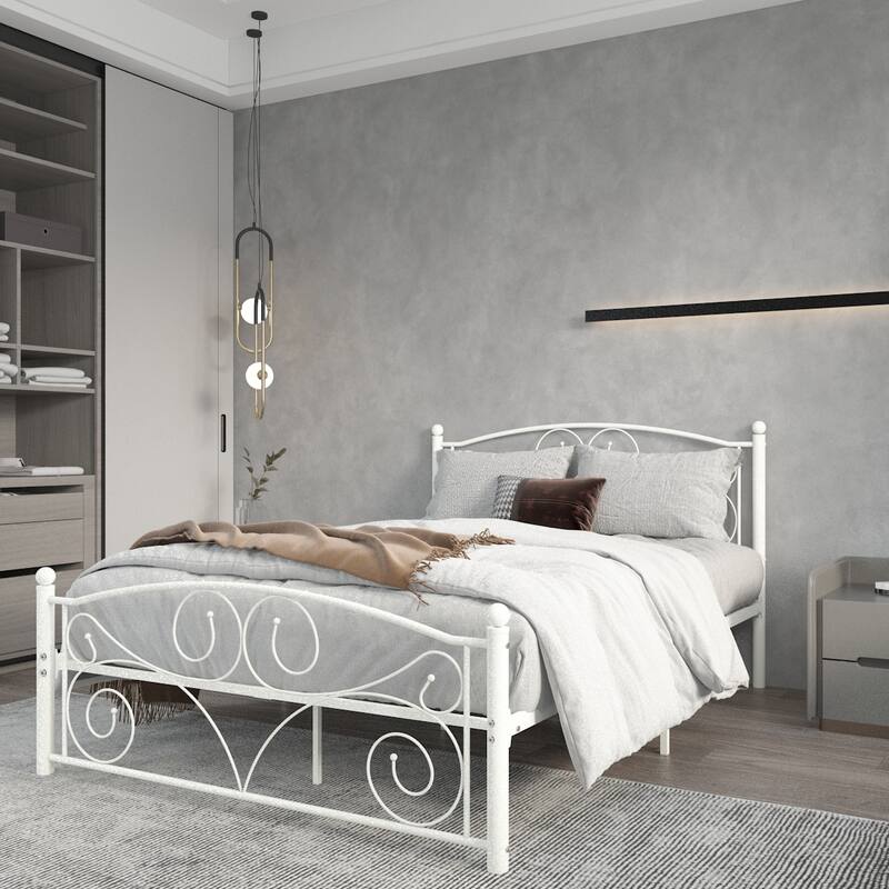 Full Size Unique Flower Sturdy System Metal Bed Frame with Headboard and Footboard - White