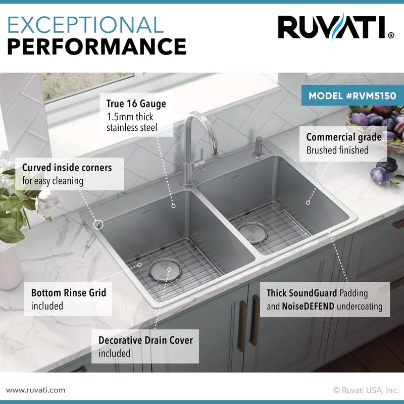 Ruvati 33 x 22 inch Drop-in Topmount Kitchen Sink 16 Gauge Stainless Steel 50/50 Double Bowl - RVM5150 - 8' x 11'