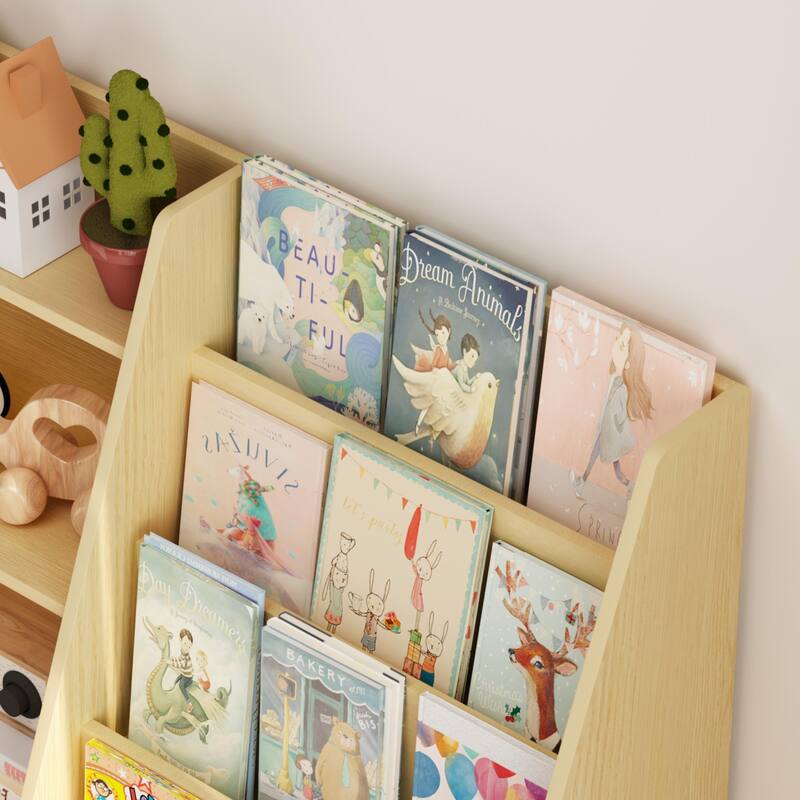 Anmytek Kids Bookcase Large Capacity Trapezoid Bookshelf Eco Friendly Wood Toy Storage Organizer Cabinet