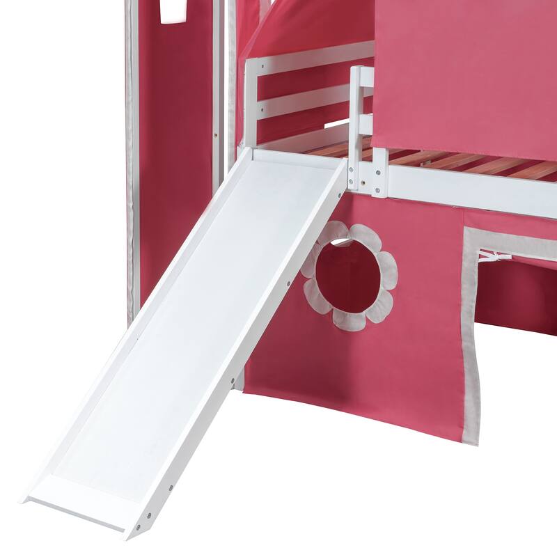 Castle Frame Bed Wood Loft Bed Loft Bed Convertible To Mini Playground with Pink Tent and Tower, Child Bed Tent