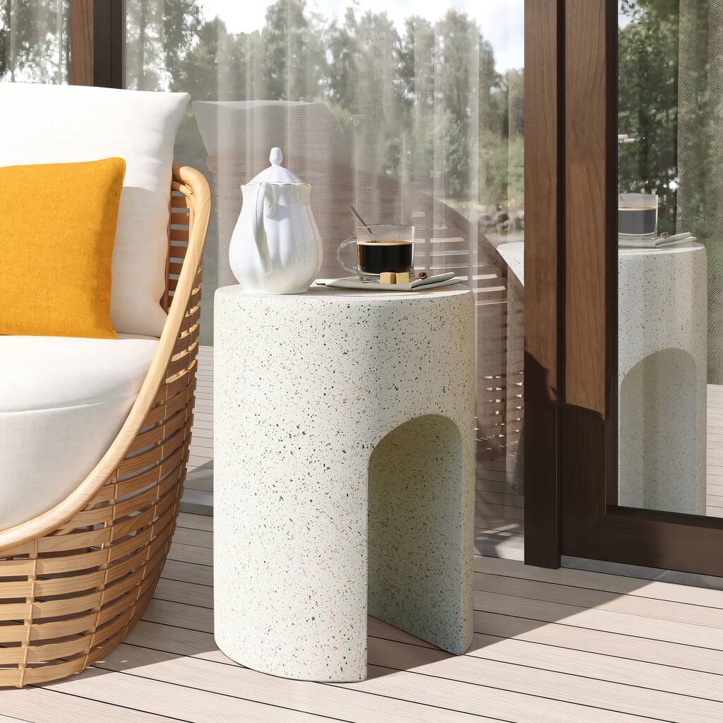 Mod Ivory White Cement Round with U-Shape Outdoor Side Table