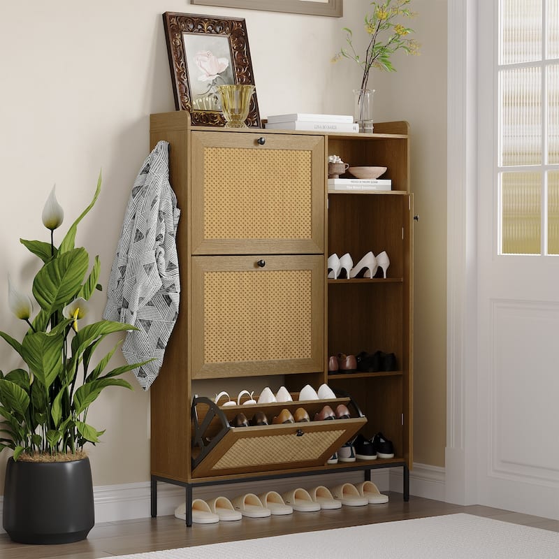 Shoe Cabinet, Natural Rattan Freestanding Shoe Organizer with 3 Flip-out Drawers and 4 Open Shelves Side Cabinet