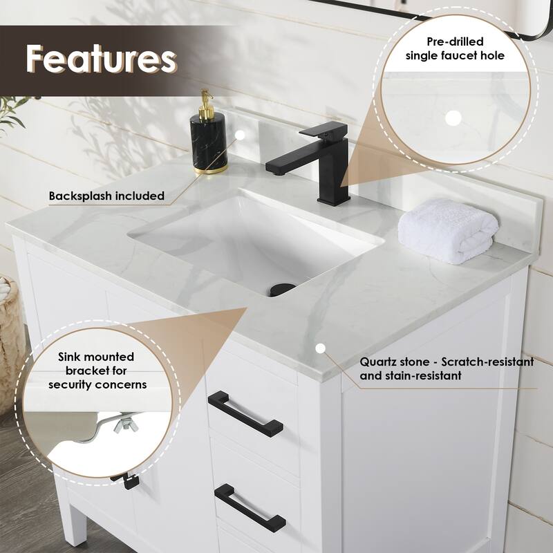 Altair Laurel Bath Vanity with Calacatta White Quartz Stone Countertop without Mirror