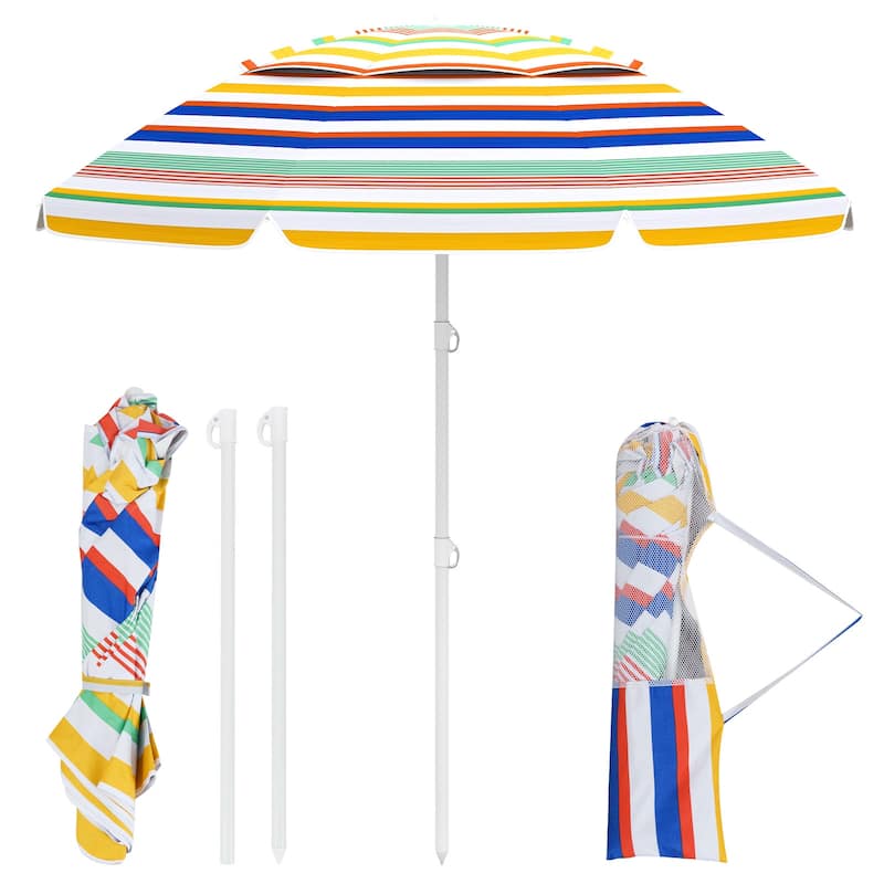 Multi-Color Polyester Metal Beach Umbrella with Tilt and Carry Bag - Multi