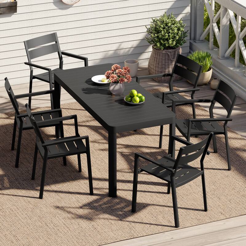 7-Piece Set Outdoor Patio Expandable Aluminum Dining Table with Stackable Chairs