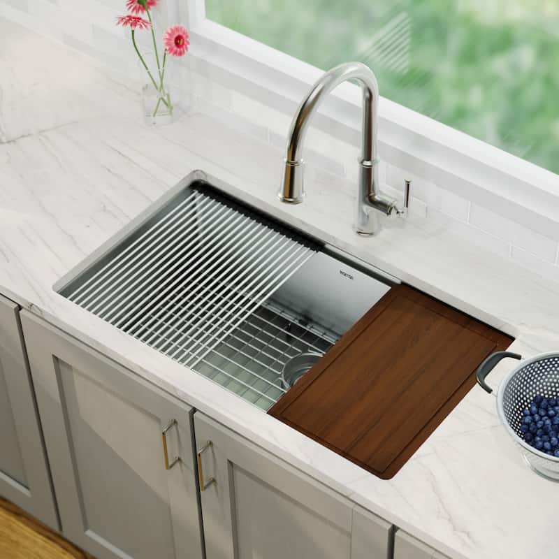 Karran 32" Undermount Large Single Bowl Stainless Steel Workstation Sink