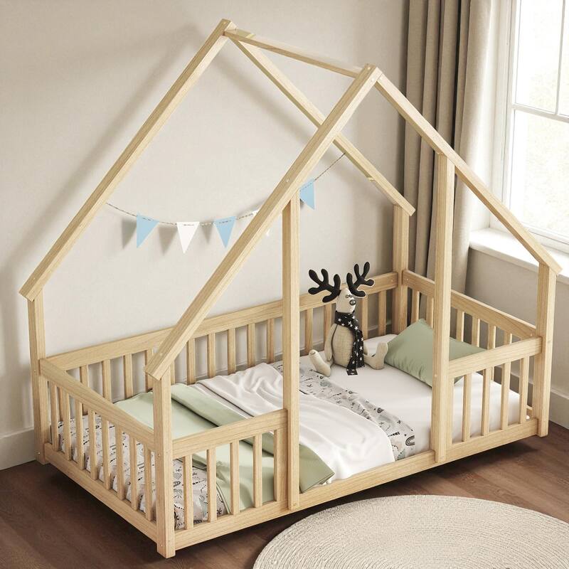 Twin/Full Size Wooden House-Shaped Floor Bed with Fence and Guardrails, Kids Montessori Bed with Roof Frame