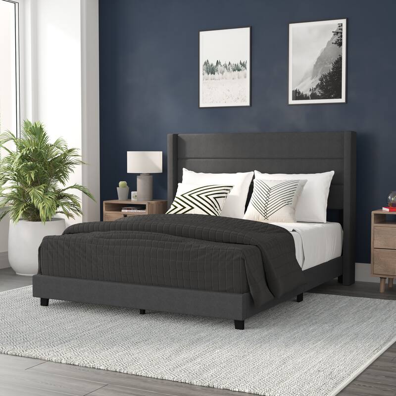 Upholstered Platform Bed with Wingback Headboard - Charcoal - Queen