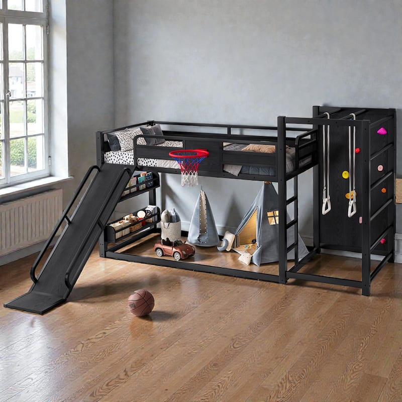 Kids Metal Loft Bed with Slide, Basketball Hoop, Climbing Wall, Pull-Up Rings and Bookshelves
