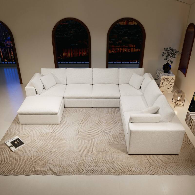 Roomfitters 137.8" Modular Sectional Sofa, 7-Piece Compressed Cloud Couch, No Assembly Required, Plush Corduroy, White