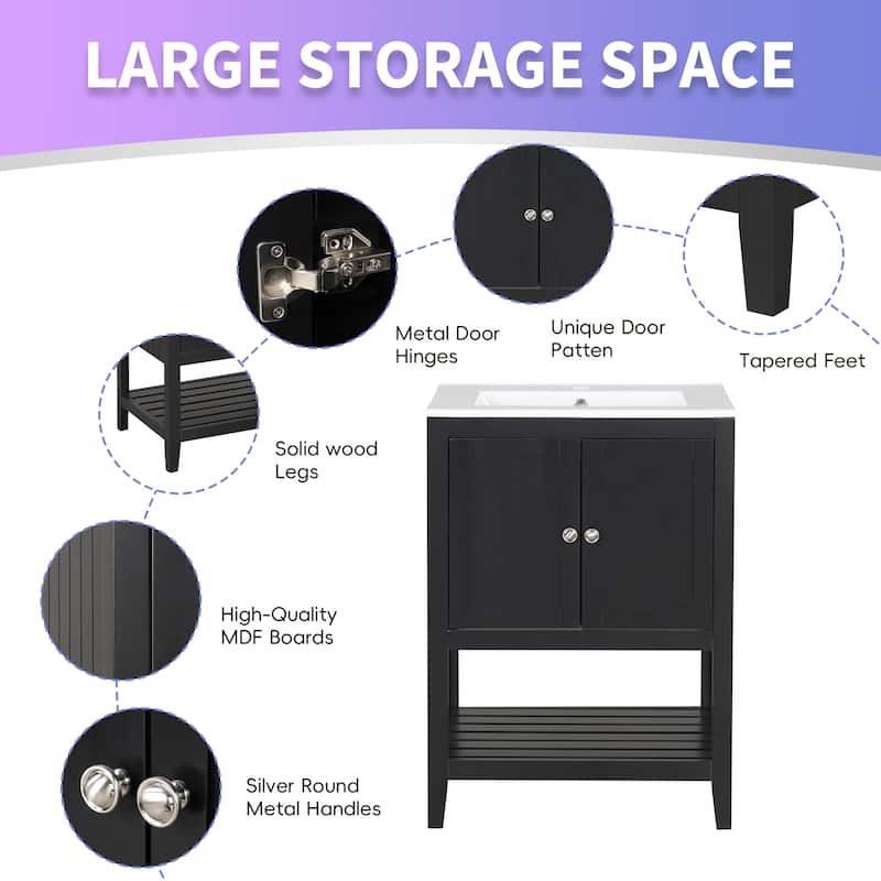 24" Bathroom Vanity with Ceramic Sink, Solid Wood Frame & Open Shelf, Freestanding Modern Cabinet