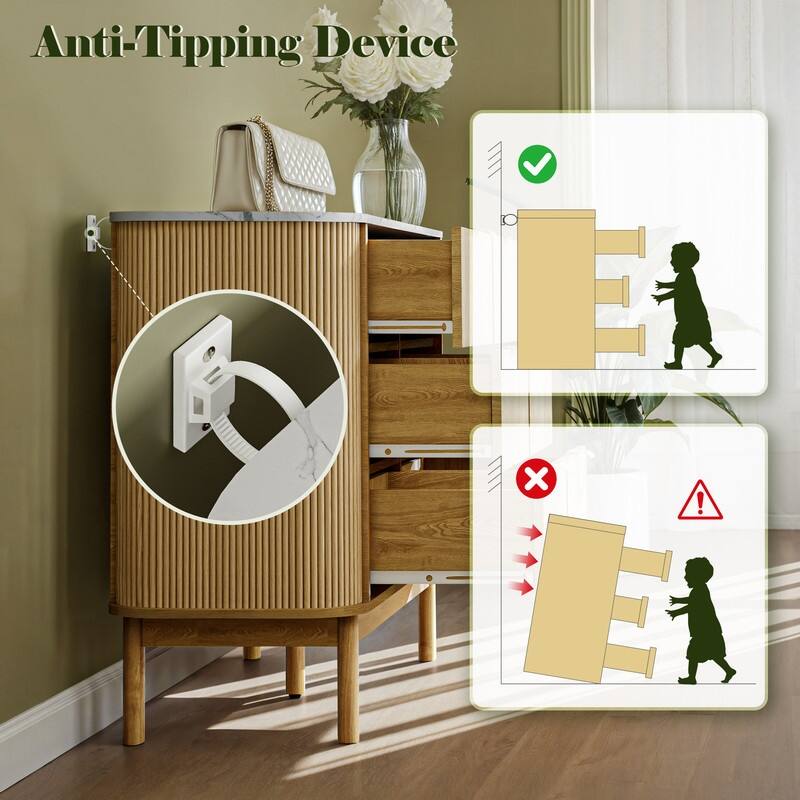 47" Wooden Buffet Cabinet Curved Profile Design With Faux Marble Top & Fluted Chest Of Drawers