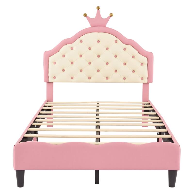 Princess Bed with Crown Headboard and Tufted PU Leather, Dreamy Design, Full and Twin Size, Comfortable and Sturdy for Bedroom