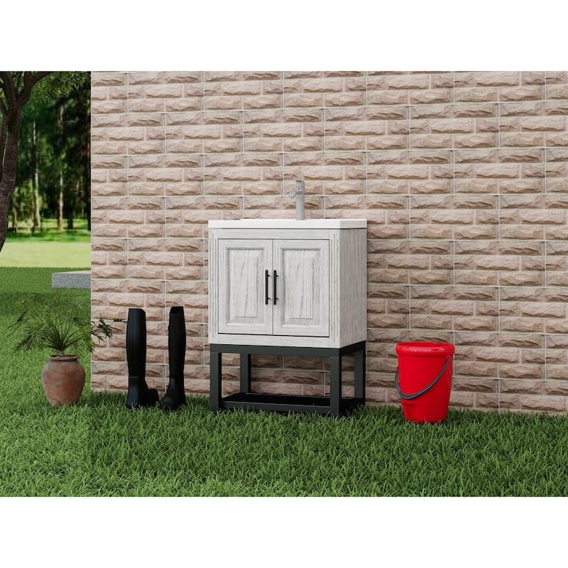 GDFStudio - CompactLine Modern Freestanding Bathroom Vanity with Ceramic Sink and Open Shelf - 24 Inch