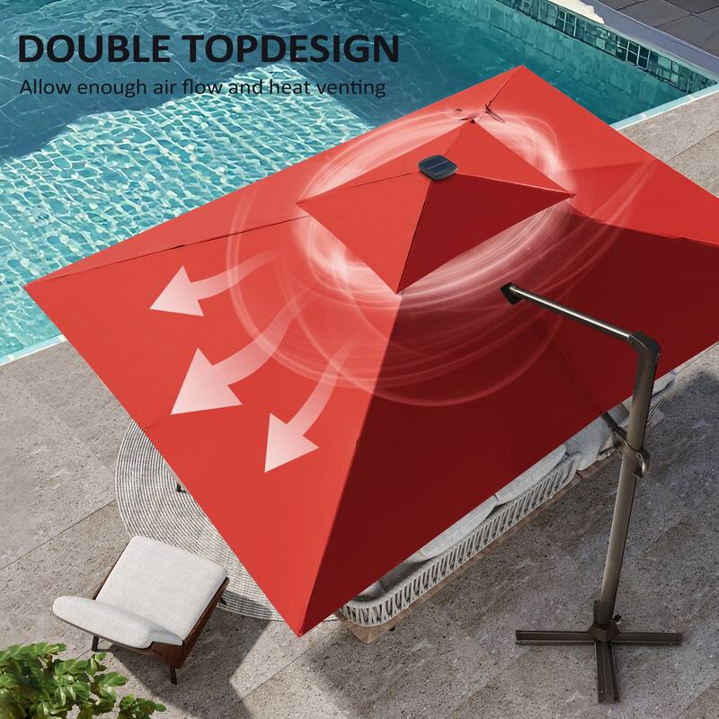 10 X 13 FT Outdoor Patio Cantilever Umbrella with Solar Lights Rod Wheel Base Double Canopy 360 Rotation Tilt