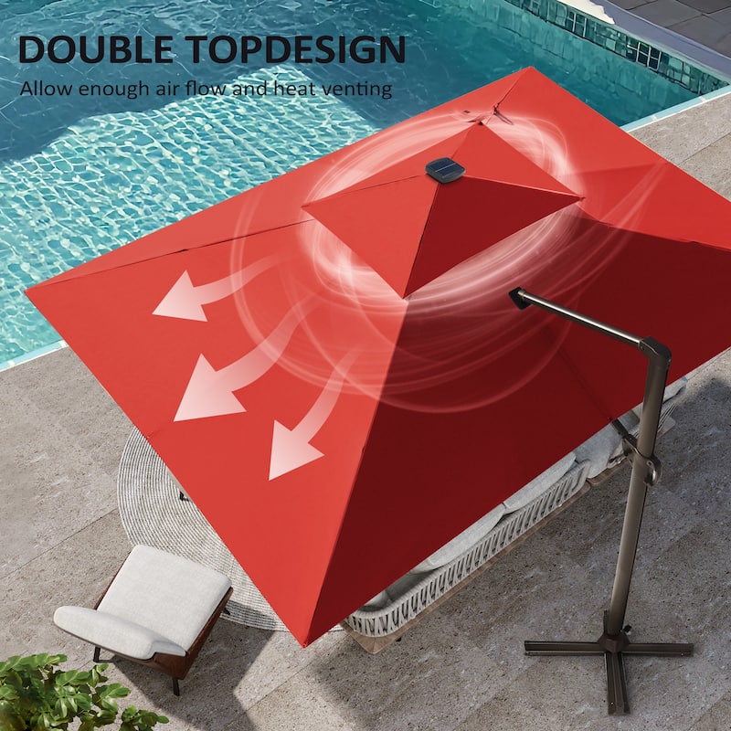 Pellebant Outdoor 10x13FT Patio Cantilever Umbrella Dual Top Lar Lighted with Wheel Base