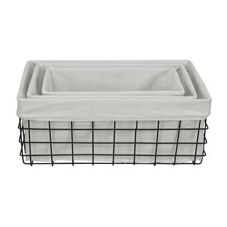 Set Of 3 Rectangular White Lined And Metal Wire Baskets - 24 W X 17 D X 