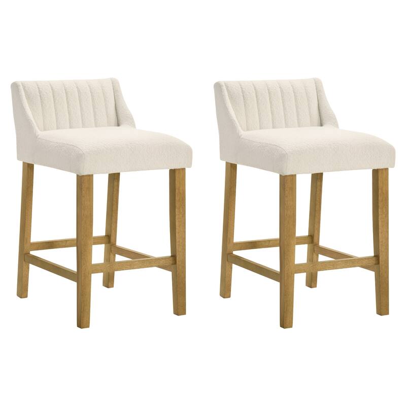 Fauna Low-Back Boucle Bar Stool, Upholstered Counter Height Kitchen Barstool with Wood Legs - Set of 2 - Amber Glow - Counter Height