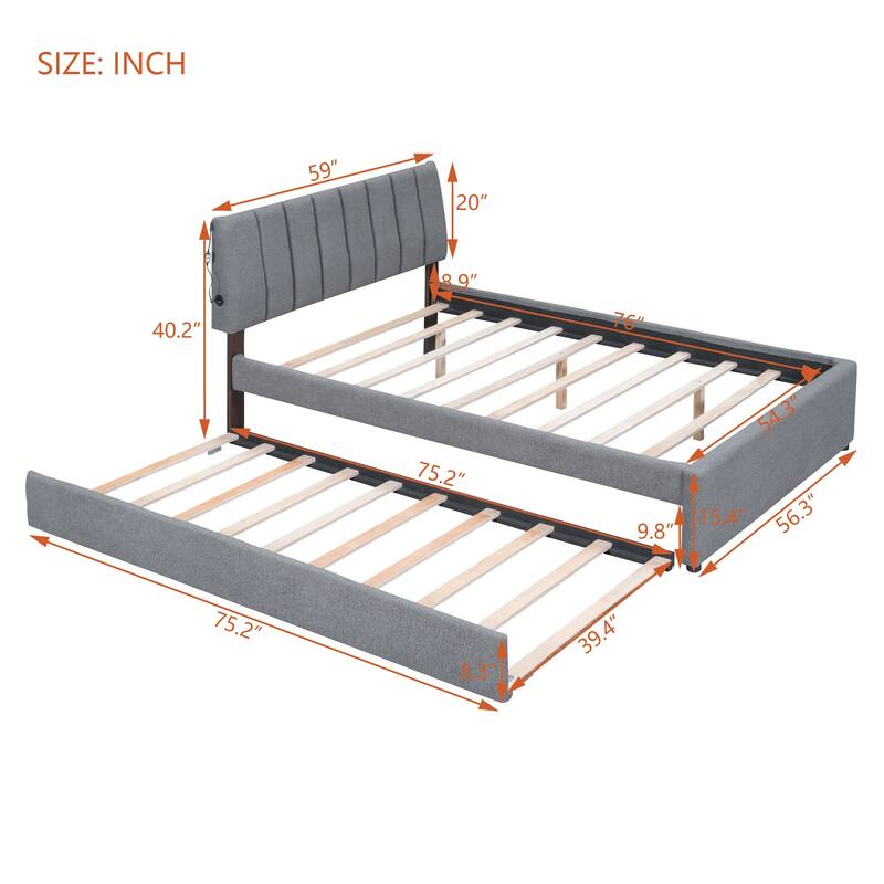 Full Teddy Fleece Platform Bed with Trundle, USB Ports, and LED Light