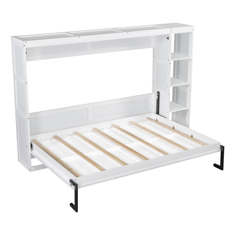 Full Size Murphy Bed Cabinet with Bookshelf, Space-Saving Foldable Wood Wall Bed Frame w/Hidden Bed Foundation & Slats Support
