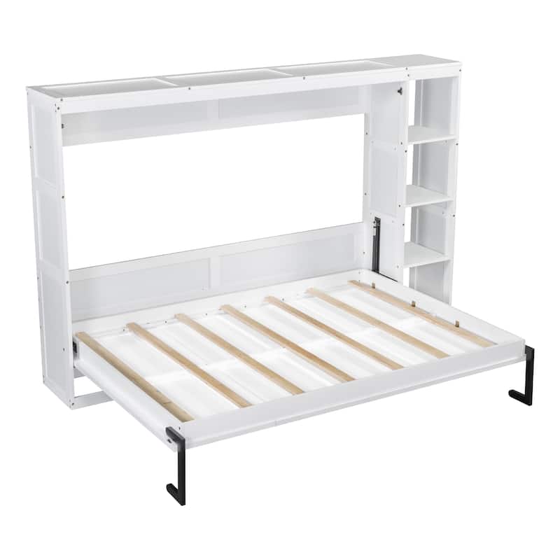 Space-Saving Full Size Murphy Bed with Bookshelf and Storage, White