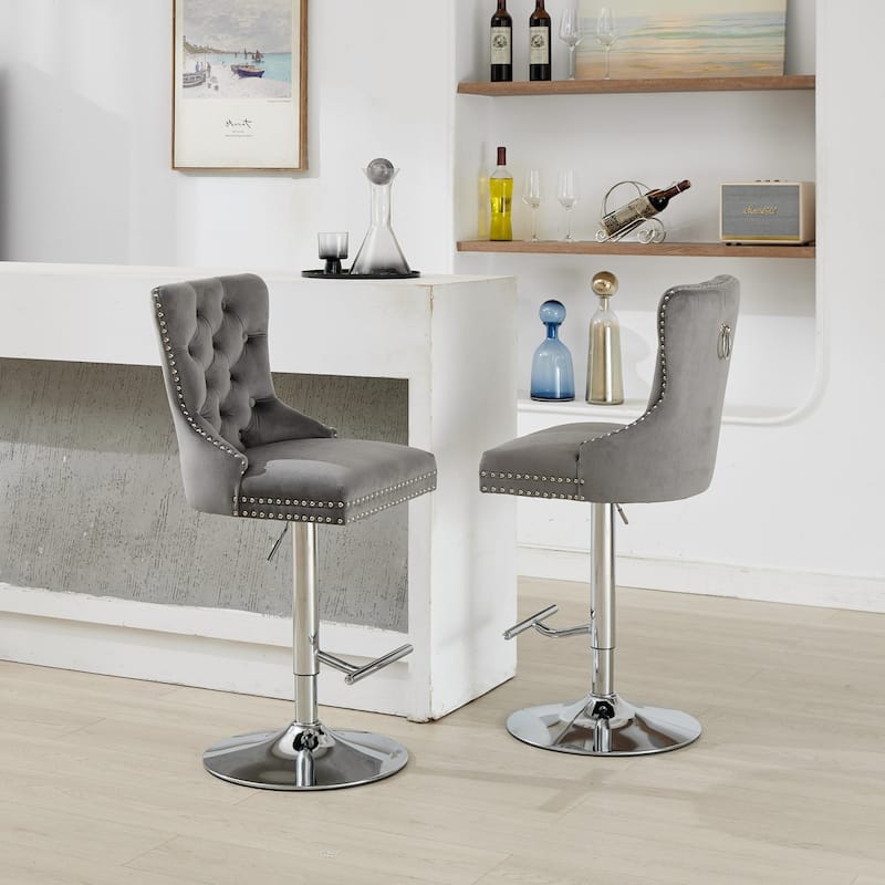Adjustable Swivel Bar Stools Set of 2, Velvet Tufted Counter Height Bar Stools, Bar Chairs with Nailheads Trim & Back