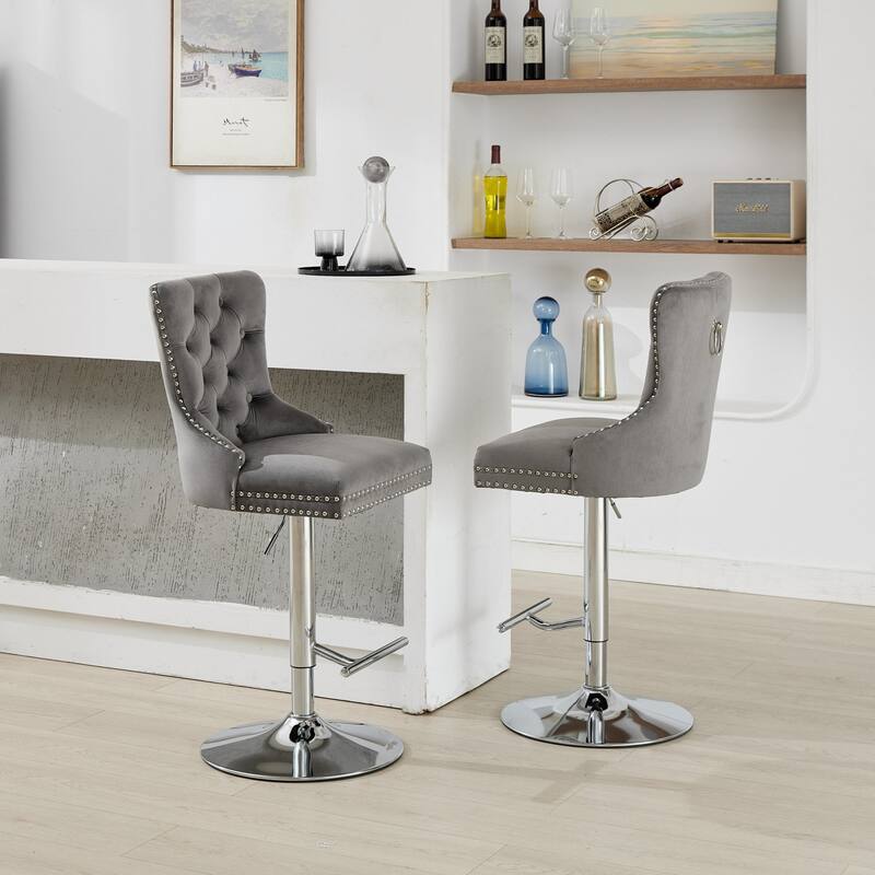 Thick Chrome Swivel Velvet Barstools,Adjustable Height,Modern Upholstered,Sponge&Spring（Set of 2)
