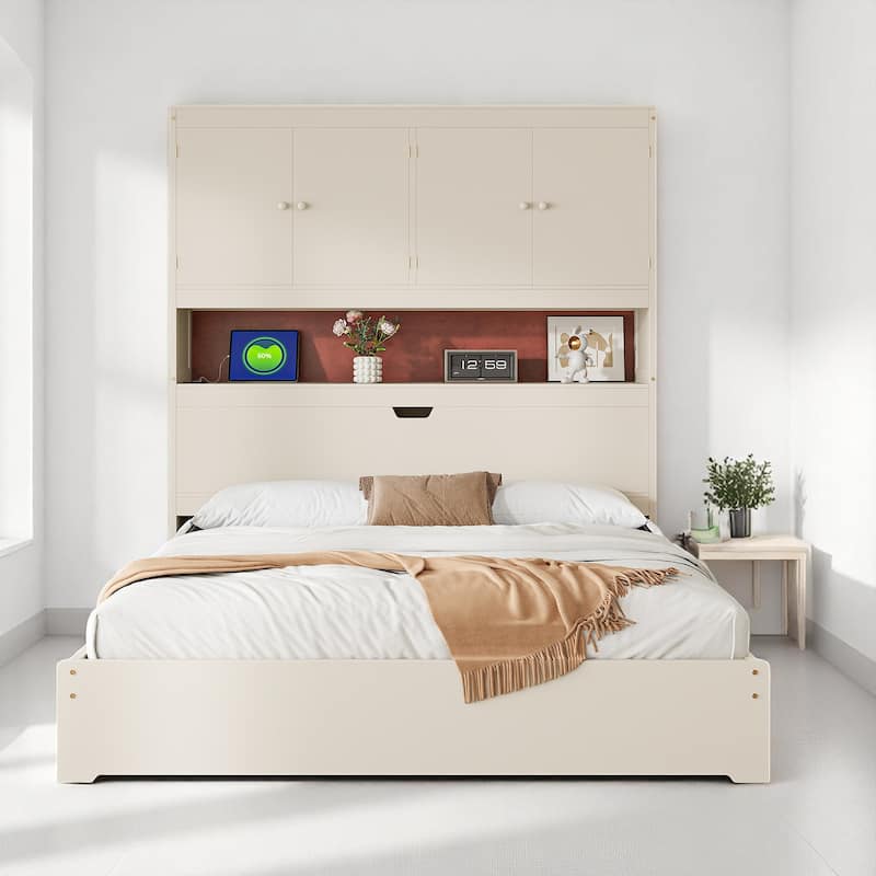 Full Size Platform Bed with Flip-Up Headboard Storage, USB Outlets, and Drawers - White - Full