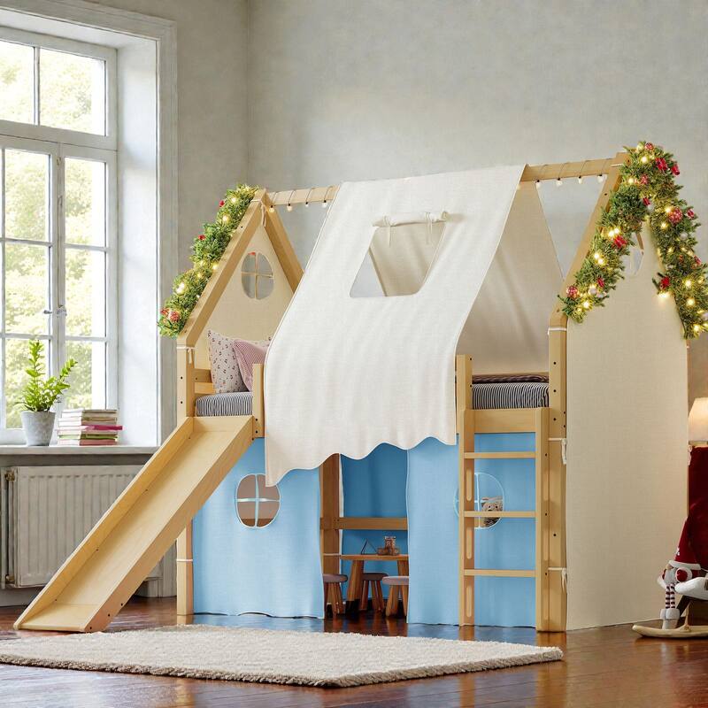 House Loft Bed with Slide & Tent, Solid Wood Kids Bed w/ Ladder, Guardrails, Playhouse Design, No Box Spring Needed