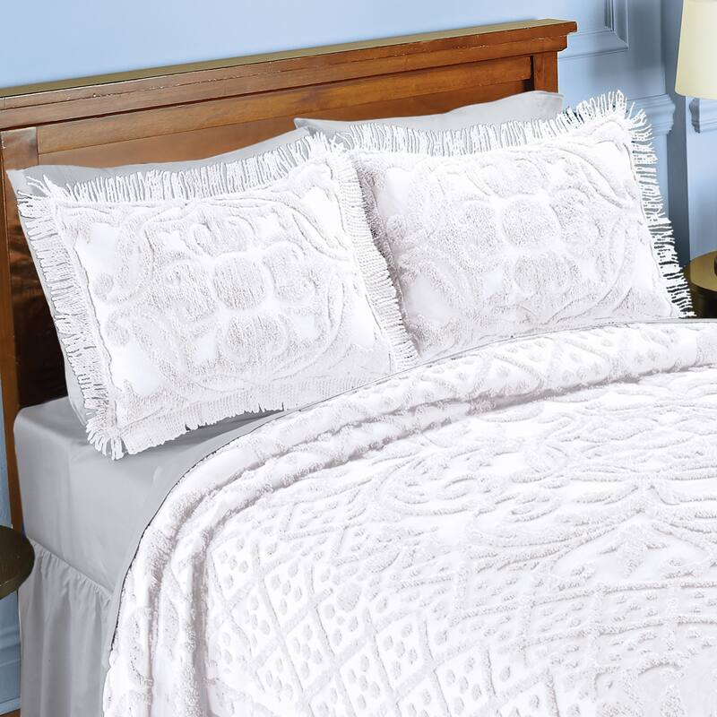 Diana Textured Design Fringe Border Chenille Pillow Sham - White